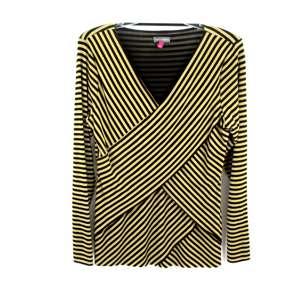 Vince Camuto Gold Metallic Striped Crossover Tunic Blouse L Holiday Stretch